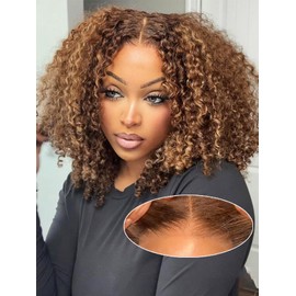 12 inch Afro Kinkycurly Wear and Go Glueless Wig Ombre Highlight 4/27 Wigs Pre Cut HD Lace Wig human hair Pre Plucked,Natural Hairline for Women 200% Density