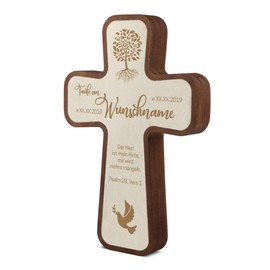 Christening Cross Children's Cross Made of Durable Kebony and Poplar Wood with Individual Engraving 11 x 16 x 2.2 cm - World Tree