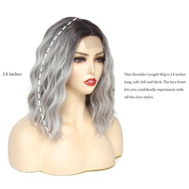 BUYOGET Medium Short Wig Wavy Bob Wig Realistic Natural Lace Front Scalp Adjustable Synthetic Shoulder Length Curly Wigs for Women Ombre Silver
