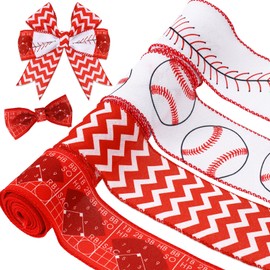 Whaline 20 Yard x 2.5 in Grosgrain Baseball Wired Edge Ribbon Sport Ball Ribbon Red White Fabric Decorative Craft Ribbon for Sport Party Gift Wrapping Decor Hair Bow Sewing Wreath Crafts, 4 Rolls