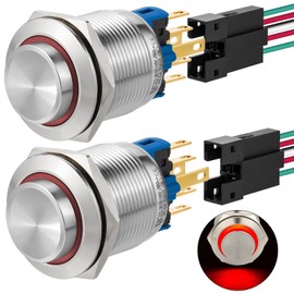 UL Certified 2PCS 22mm Push Button Switch Latching High Round Waterproof IP67 On Off Stainless Steel 304 with 110V/120V LED for 7/8" with Wire (Latching,120V, Red)