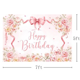 MEHOFOND 7x5ft Coquette Happy Birthday Backdrop Pink Floral Birthday Photography Background for Girl Bow Happy Birthday Banner Pink Heart Silk Ribbon Cute Birthday Party Decoration