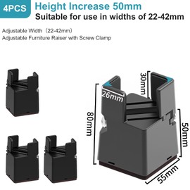 SciFiVisi Pack of 4 Furniture Risers, 5 cm, Adjustable Bed Raisers with Screw Clamp, Heavy Duty Chair Risers, Furniture Raisers for 22-42 mm Wide Square & Round Chair Leg (5 cm, Black)