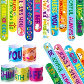 Frienda 40 Pcs Bible Verses Religious Christian Slap Bracelets for Kids VBS Jesus Love You Wristbands Inspirational Motivational Nativity Slap Bracelet Sunday School Supplies He Is Risen(Motivational)