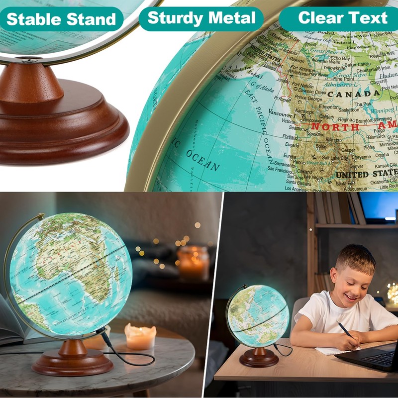 Illuminated Globe of the World with Wooden Stand, 8'' World