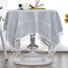 LUCKYHOUSEHOME Cotton Linen Checked Lattice Small Square Tablecloth Embroidery Tassel Table Cover for Home Dinning Tabletop 35x35 Inch(90x90cm), Gray