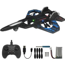 Remote Control Jet Plane with Lights, 360° Roll, Indoor Outdoor RC Airplane Toy for Kids, Rechargeable Electric Aircraft:_Blue_boxed