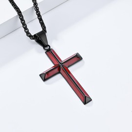 FUTPLOR Cross Necklace for Men, Silver Gold Black Stainless Steel Cross Enamel Craft Minimalist Faith Cross Jewelry Mens Cross Pendant 24 Inch Adjustable Box Chain Unisex Cross Jewelry (Medium, Black Red)
