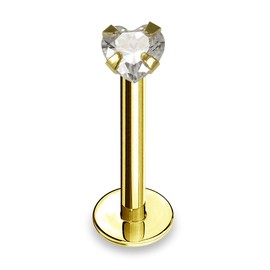 Monster Piercing 14K Gold Real Gold Lip Piercing Tragus Piercing 16 Gauge Crystal Stone Heart Shape Bar Length: 8 mm or 10 mm Lip Labret Ear Piercing, Yellow Gold, Zircon