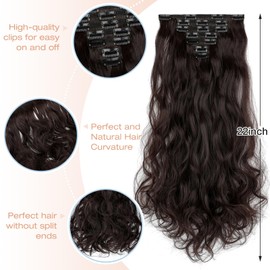 Soulwigger Clip in Hair Extensions, 22 Inch 6 PCS Natural Curly Soft Synthetic Hair Extensions Clip ins, Dark Brown Long Wavy Hairpiece for Women