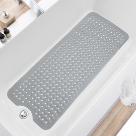 TEESHLY Extra Large Non Slip Bath Tub and Shower Mats Machine Washable 40 x 16 Inch Gray