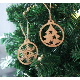 Anstore 12 Pcs Christmas Wood Ornaments Round Wooden slices Cutout, Snowflake Christmas Tree Snowman Shape Wooden Hanging Ornaments for Christmas Embellishments, DIY Crafts