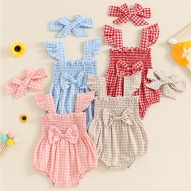 Partclots Infant Newborn Baby Girl Summer Outfit One Piece Smocked Romper Ruffle Sleeve Plaid Playsuit Headband 3 6 9 12 18M (Pink Bow, 0-3 Months)