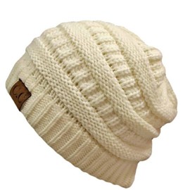 C.C Thick Slouchy Knit Unisex Beanie Cap Hat,One Size,Winter White