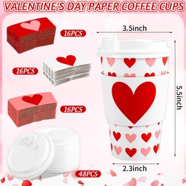 48 Sets Valentine's Day Disposable Coffee Cups with Lids and Sleeves Red Pink Heart Paper Drinking Cups for Valentine Restaurant Travel Business Supplies