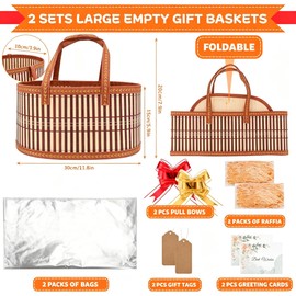 SelfTek 2 Set Empty Hamper Baskets - Brown Hamper Baskets for Gifts Empty Woven Bamboo Gift Basket Hamper Kit with Wrap Bags, Raffia and Pull Bows, Gift Hamper Basket for Easter, Birthday