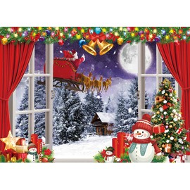 Christmas Window Backdrop Winter Snow Scene Xmas Tree Snowman Santa Photography Background Kids Adults Xmas Birthday Winter Family Holiday New Year Party Decoration (7x5FT)