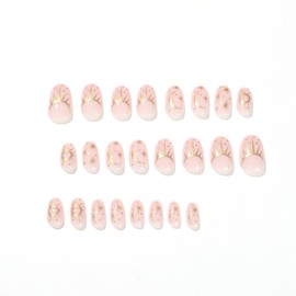 IMSOHOT Nude Glossy Press on Nails Medium Oval Fake Nails Round Moon Star False Nails with Designs Full Cover Glue on Nails for Women