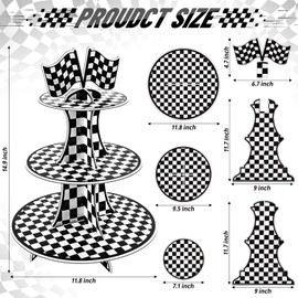 Soporte de cartón para cupcakes de 3 niveles, 2 piezas de cartón, para fiestas temáticas de coche, para 8 a 12 magdalenas, para fiestas de cumpleaños, decoraciones a cuadros en blanco y negro