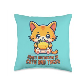 Mad Realm Designs Easily Distracted by Cats and Tacos Throw Pillow, 16x16, Multicolor