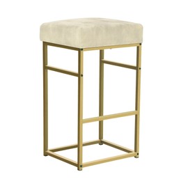 GIA 30-Inch Bar Height Square Backless Metal Stool with Beige Velvet Cushion, Gold, Set of 1