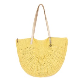 The Sak Faye Tote Bag in Crochet, Double Leather Shoulder Straps, Chartreuse Sunbeam