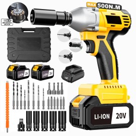 20V Cordless Brushless Motor 1/2inch Drive 430NM Max Torque Industrial Grade 3-in-1 Electric Impact Wrench Set DIY Poweredcolor: Yellow
