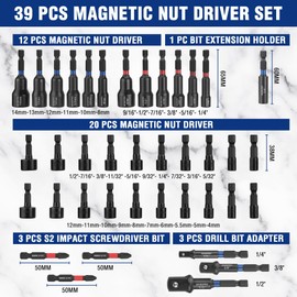 WORKPRO 39-Piece Magnetic Nut Driver Set, Impact Drill Driver Bit 1/4" Hex Shank, SAE & Metric Cr-V Steel Power Nut Drivers with Impact Socket Adapters, Screwdriver Bits, Bit Holder, Sturdy Tool Box