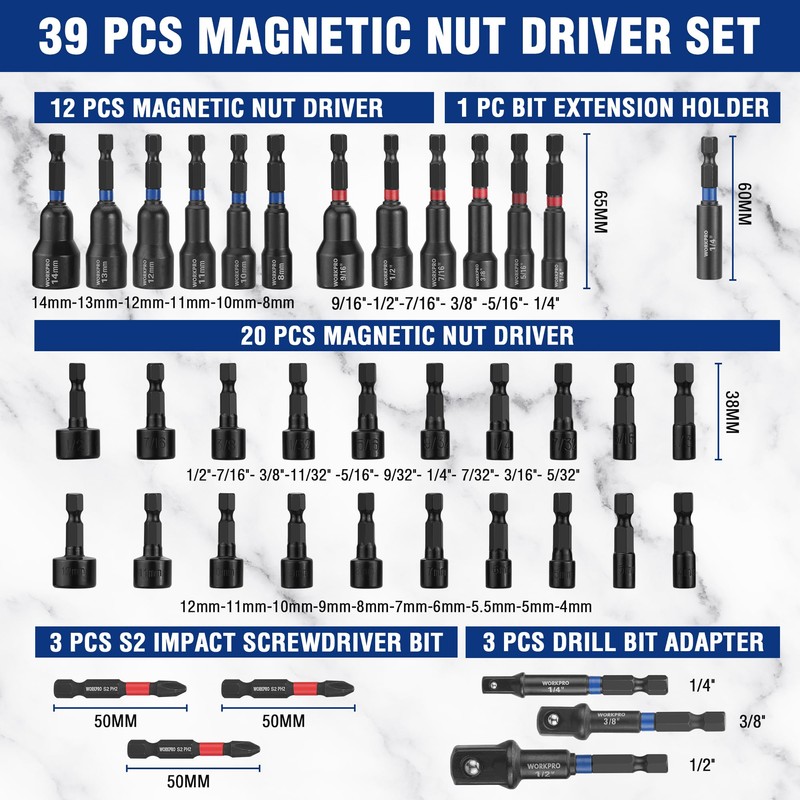 WORKPRO 39-Piece Magnetic Nut Driver Set, Impact Drill Driver Bit