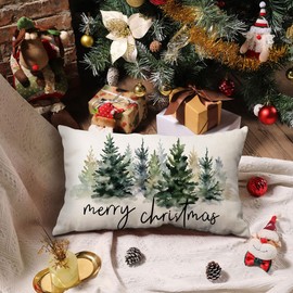 DFXSZ Christmas Pillow Covers 12x20 Christmas Decorations Watercolor Blue Green Christmas Tree Rustic Style Nature Forest Print Decorative Throw Pillows Winter Christmas Decor 003E12