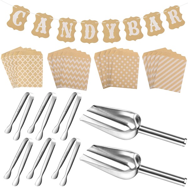 SelfTek Candy Bar Accessories, Includes 6 Pieces Sugar Tongs, 2 Pieces Scoops, 20 Pieces Candy Bar Bags and Candy Bar Garlands for Buffet, Barbecue, Wedding, Party, Birthday