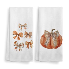 NOQL Fall Bow Decor Kitchen Towels and Dishcloths Set of 2, Fall Pumpkin Decor, Bow Bathroom Decor Hand Towels, Preppy Towels, Fall Drying Cloth Hand Towels for Girls Dorm Bathroom Kitchen, 16×24Inch
