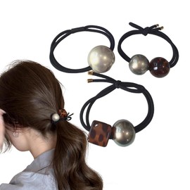 Shefun JP267 Pearl Hair Rubber Black Tortoise Shell Style Leopard Print Hair Accessory Set of 3 Adults 2.4 inches (6 cm) Diameter Elastic Band Stylish Hair Elastic Women's Pony Tail Cute High