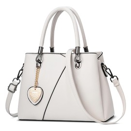 FOLOVEYA Fashion Women's Handbag Elegant Handbag Women with Heart Pendant PU Leather Shoulder Bag Shopper Top Handle Bags Shoulder Bag for Work Travel School Tote Bag, White, Women's handbag