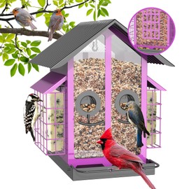 FlowaFoli Bird Feeders for Outdoors, Metal Bird Feeder with Double Suet Cage Weatherproof Metal Roof, 2 in 1 Mixed Seeds Suet Feeder, 4Lbs Large Capacity, Great for Finch、Cardinal、Chickadee（Purple）