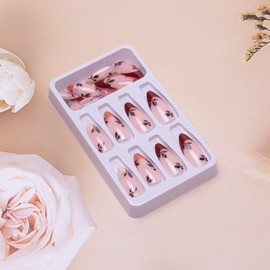 French Tip Press on Nails Medium Almond Fake Nails Leaf Acrylic Nails Brown Nail Tip Glossy Fall False Nails Reusable Artificial Nails Glue on Nails for Women Girls Daily Wear Manicure 24Pcs