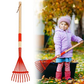 Kids Friendly Rakes for Leaves - 28" Child Size Small Rake with Durable Metal Head & Hardwood Handle, Real Lawn Garden Yard Tools for 3+ Years Kids Enjoy Helping Work Gifts (Red)