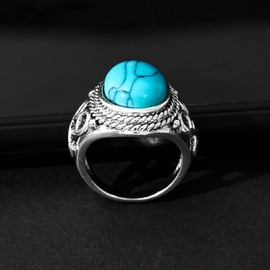 LRGKMCWTOB Women's Fashion Jewelry 925 Sterling Silver Ring Oval Cut Natural Bohemia Turquoise Jewelry Turquoise Moonstone Ring Wedding Jewelry (Size 7)
