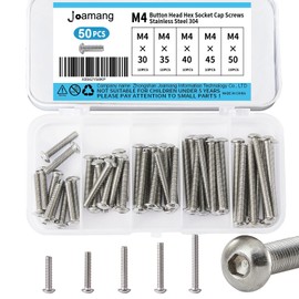 Joamang M4 x 30mm 35mm 40mm 45mm 50mm Button Head Socket Cap Screws Bolts, Stainless Steel 304, Metric Allen Hex Drive, Bright Finish, Fully Threaded, Assortment Kit 50PCS