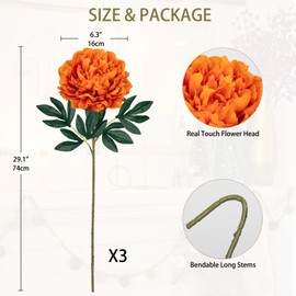 3PCS Fall Flowers Artificial for Decoration, 30'' Long Stem Fake Peony Silk Flowers Real Touch Autumn Floral Centerpieces for Home Office Tables Vase Arrangements Baby Shower Wedding Party (Orange)