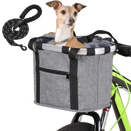 ENASGLOO Detachable Bike Basket, Dog Cat Bicycle Handlebar Front Bag Pet Carrier with 5 FT Dog Leash for Cycling, Shopping, Picnic, and Outdoor (Gray)