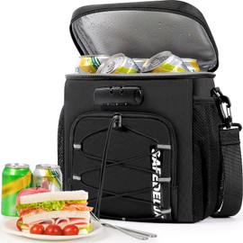 SafeDelux Lunch Bag with Combination Lock, Lunch Box for Men Women, Adjustable Shoulder Strap & Leakproof Soft Cooler for Commute, Travel & Gym (Black)