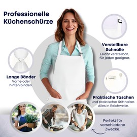 Viamart® Kitchen Apron - Gastro Quality - Unisex - Washable at 60 °C, White, One size fits all