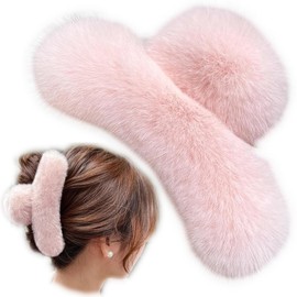 YOYLMAL Large Faux Fur Hair Claw Clip for Women, 5.1 Inches Winter Fluffy Fuzzy Hair Clips, Nonslip Strong Hold Furry Big Jaw Clamp for Thick Long Hair (Pink)