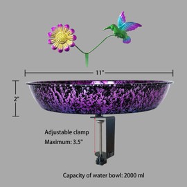 Deck Bird Bath for Outdoors, 11 Inch Colorful Purple/Blue Metal Birdbath Bowl Adjustable Steel Clamp Mounted Garden Bird Bath Feeder for Railing Balcony Outdoor Decor Yard Art