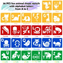 26 Pieces Sturdy Stencils for Kids, 8 Inches Large Sidewalk Chalk Stencils for Kids, Animal Shape Stencils with Alphabet Letters Themed Template, DIY Drawing on Sidewalk Floor Wall Home Décor