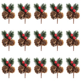 LOKIPA 12 PCS Artificial Picks Christmas Artificial Pine Cones Christmas Pine Needles with Berries for Xmas Flower Arrangements Wreaths Wedding Garden Tree Decorations