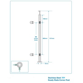 LIUCHONGYANG99 Glass Railing Post 42"x1.5"x1.5" Stainless Steel Satin Finish, for Stairs and Deck handrails，can be Installed on Wood or Concrete Floor. (40MM*40MM, Corner Post)