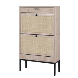 XIAO WEI Shoe Cabinet, Natural Rectangular Handmade Rattan Shoe Storage Organizer Cabinet with 2 Flip Drawers, Freestanding Shoe Rack for Entryway