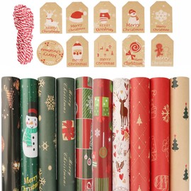 LSRVNM Christmas Wrapping Paper, 10 Sheets, 70 x 50 cm, Recycled Christmas Paper, Colourful Eco Kraft Gift Paper with Tags and Ropes